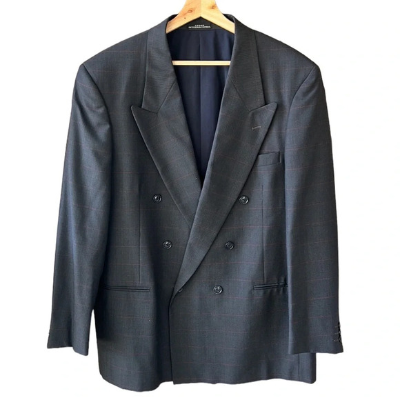 Givenchy Men Wool Blend Double Breasted Blazer Charcoal/ Red Window Pane Sz.44 - Picture 1 of 10